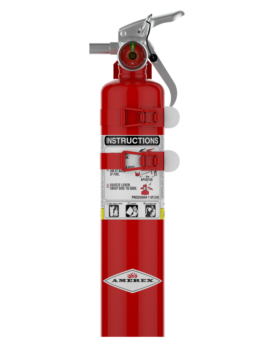 Amerex B417TS 2.5 lb ABC fire extinguisher with two-strap vehicle bracket, front view