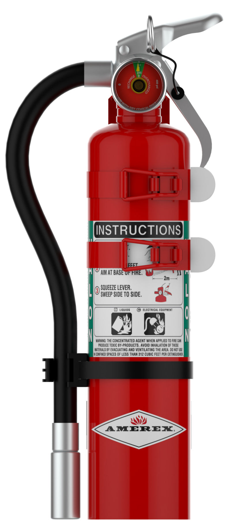 Amerex Model C354TS 3 lb Halon 1211 fire extinguisher with hose, pressure gauge and strap bracket