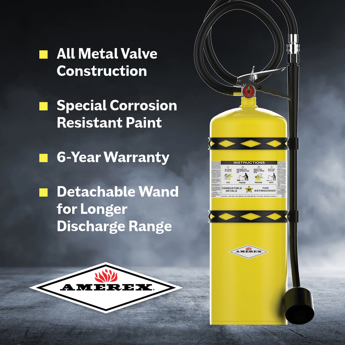 Detail view of the Amerex B570 Class D fire extinguisher cylinder, hose, and applicator wand