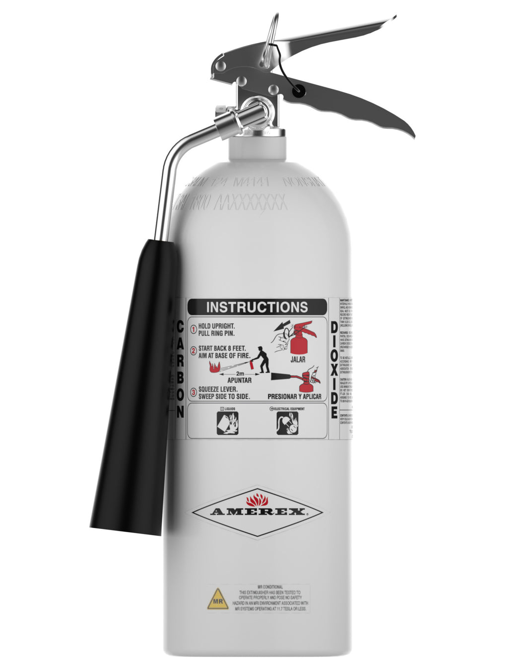 Amerex Model 322NM 5 lb CO2 fire extinguisher, part 17738, white sanitary finish aluminum cylinder