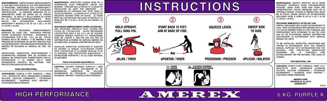 Amerex 23505 replacement nameplate decal for Model 595 and 599 6 kg High Performance Purple K extinguishers