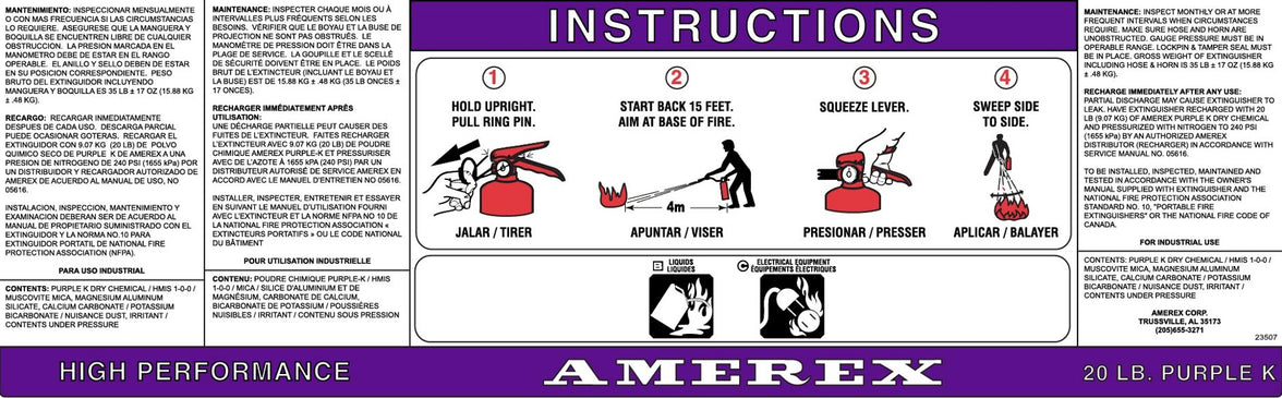 Amerex 23507 replacement nameplate decal for Model 566, 580 and 584 20 lb High Performance Purple K extinguishers