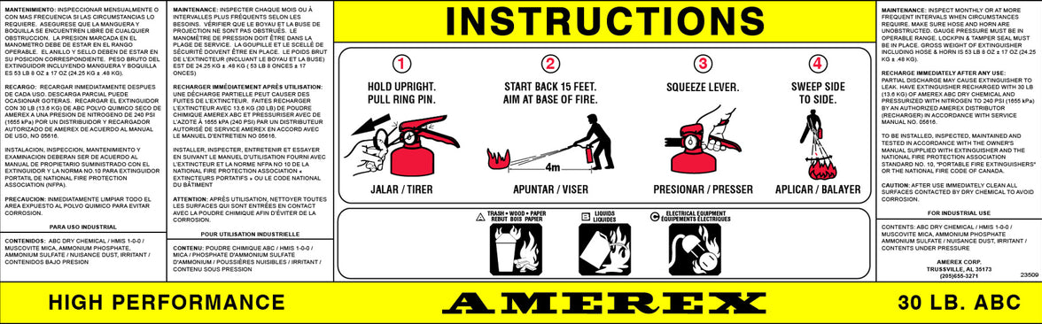 Amerex 23509 replacement nameplate decal for Model 567 and 589 30 lb High Performance ABC extinguishers