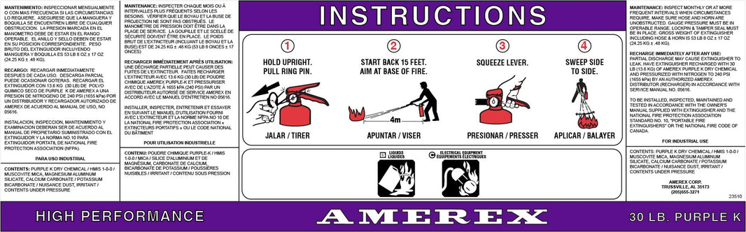 Amerex 23510 replacement nameplate decal for Model 569 and 591 30 lb High Performance Purple K extinguishers