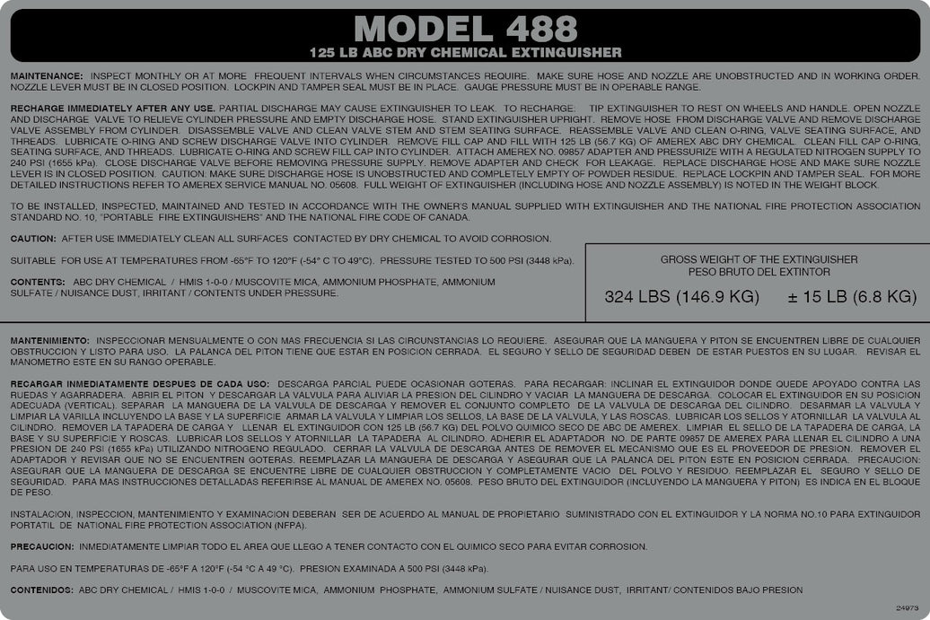 Amerex 24973 replacement nameplate decal for the Model 488 125 lb ABC CG fire extinguisher
