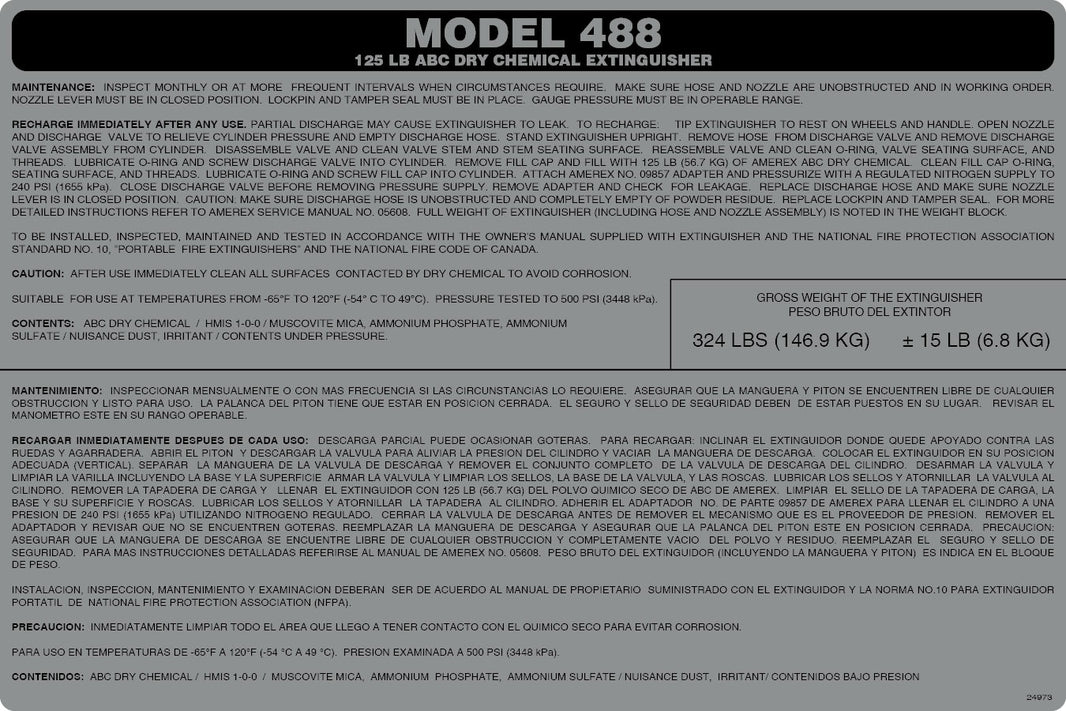 Amerex 24973 replacement nameplate decal for the Model 488 125 lb ABC CG fire extinguisher