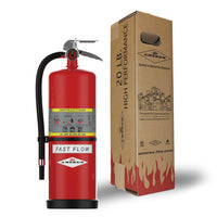 Amerex Model 791 20 lb ABC Fast Flow fire extinguisher shown with its shipping box