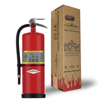 Amerex Model 714 20 lb ABC fire extinguisher shown with its shipping box