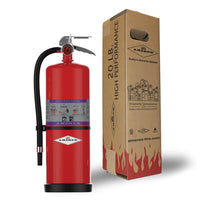 Amerex 717 20 lb Purple K Compliance Flow extinguisher shown with its shipping carton, item 26916