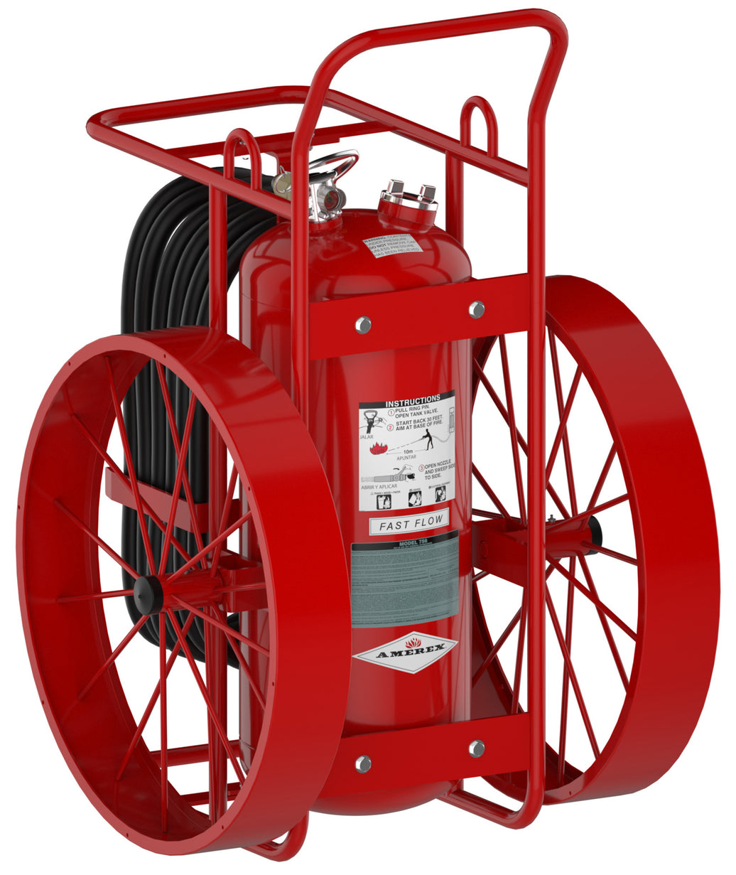 Amerex 756 250 lb wheeled ABC dry chemical fire extinguisher on steel carriage with hose rack
