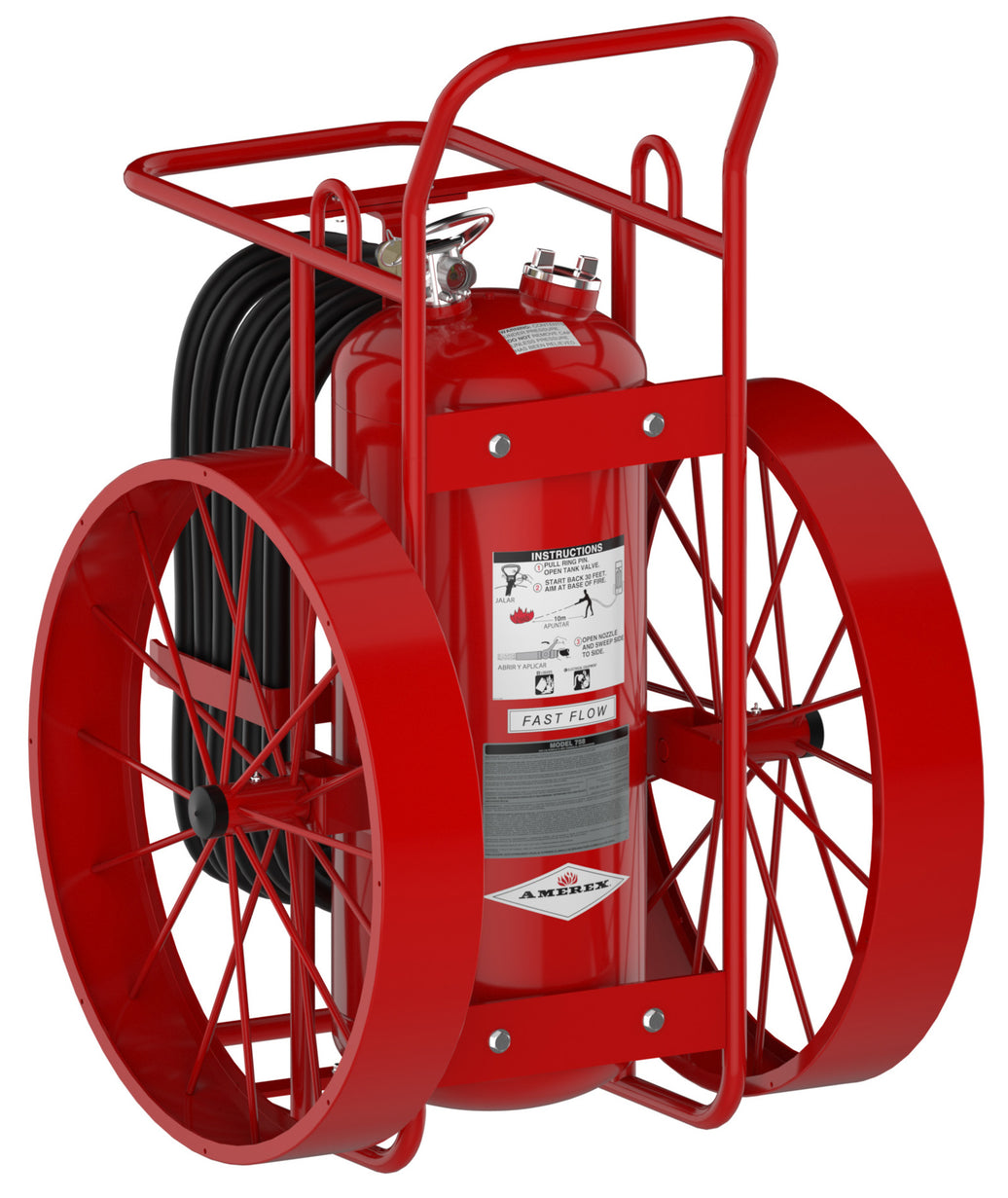 Amerex 758 250 lb Z-Series wheeled Purple K fire extinguisher with hose rack and steel carriage