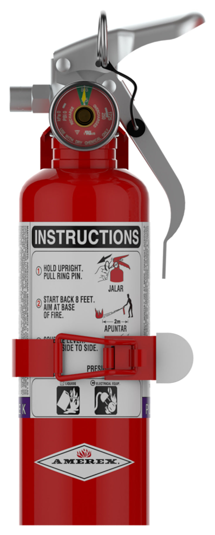 Amerex 376T 1 lb Purple K fire extinguisher rated 2B:C with vehicle strap bracket, item 27540