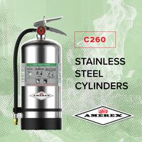 Amerex C260 Class K extinguisher stainless steel valve and carrying handle close-up
