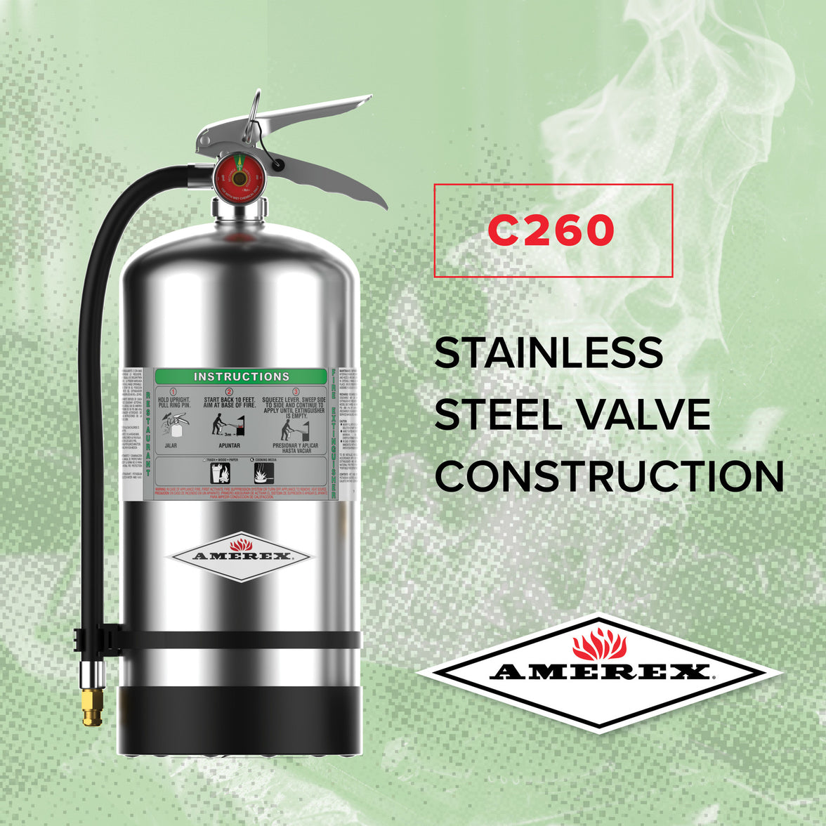 Amerex C260 6 L wet chemical extinguisher nameplate and pressure gauge detail