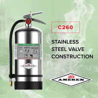 Amerex C260 6 L wet chemical extinguisher nameplate and pressure gauge detail
