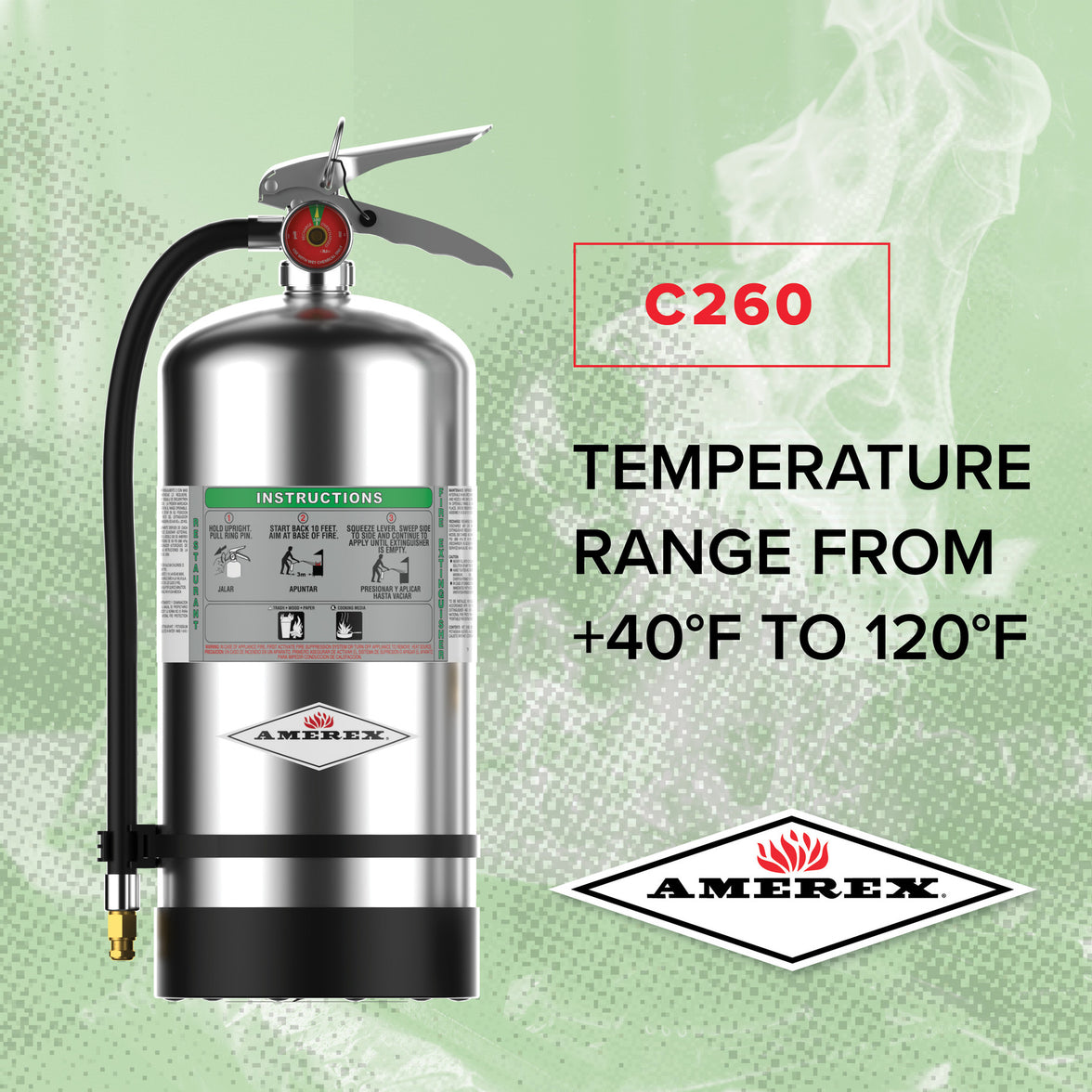 Amerex C260 Class K wet chemical fire extinguisher shown in a commercial kitchen