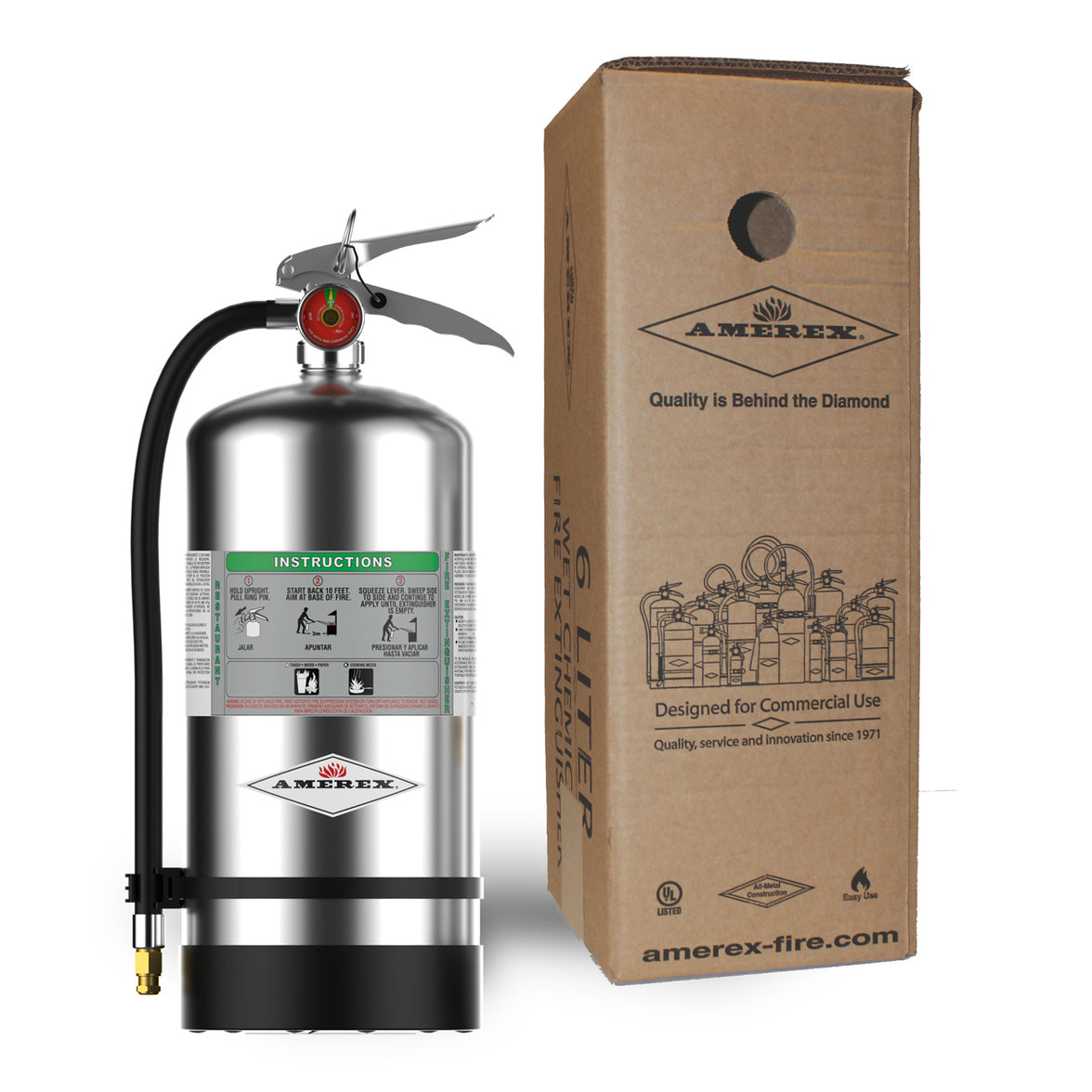 Amerex C260 6 liter Class K wet chemical extinguisher shown with its shipping carton