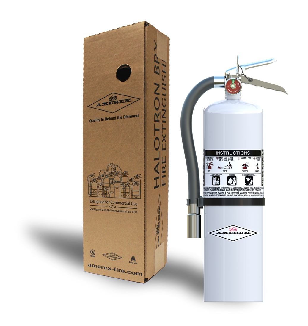 Amerex Model 551 12.5 lb Halotron BrX clean agent fire extinguisher shown with its shipping box