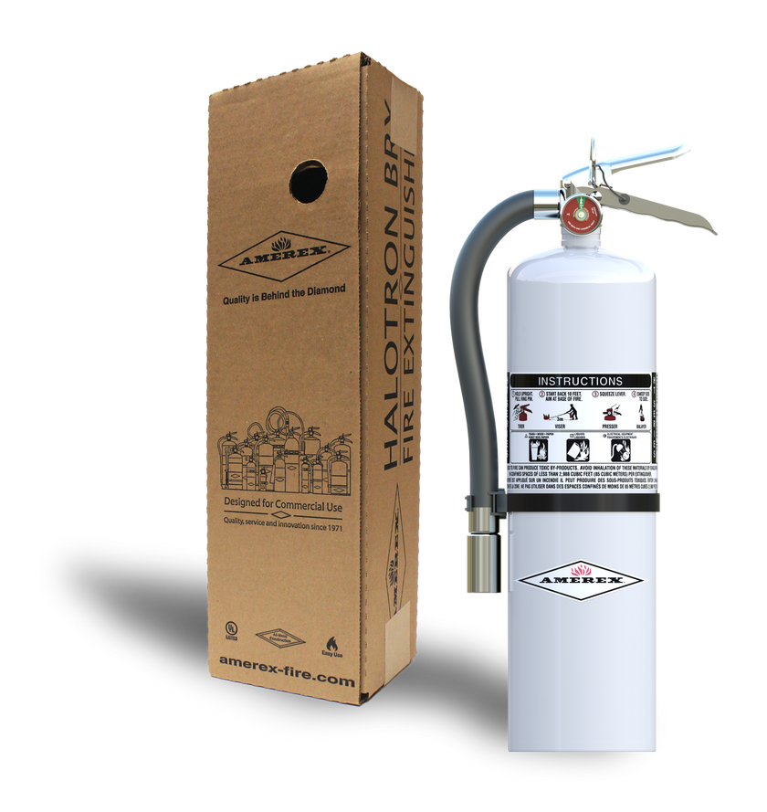 Amerex Model 551 12.5 lb Halotron BrX clean agent fire extinguisher shown with its shipping box