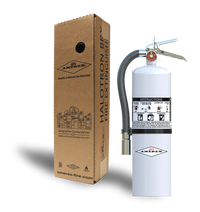 Amerex Model 551 12.5 lb Halotron BrX clean agent fire extinguisher shown with its shipping box
