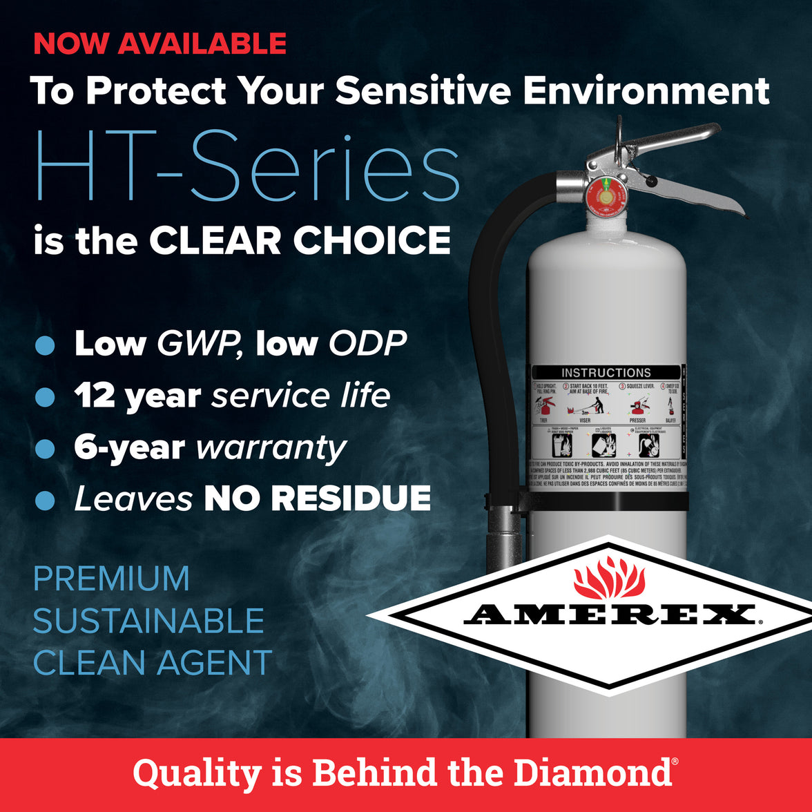 Amerex HT Series Halotron BrX clean agent advertisement featuring the Model 551 fire extinguisher