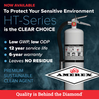 Amerex HT Series Halotron BrX clean agent advertisement featuring the Model 551 fire extinguisher