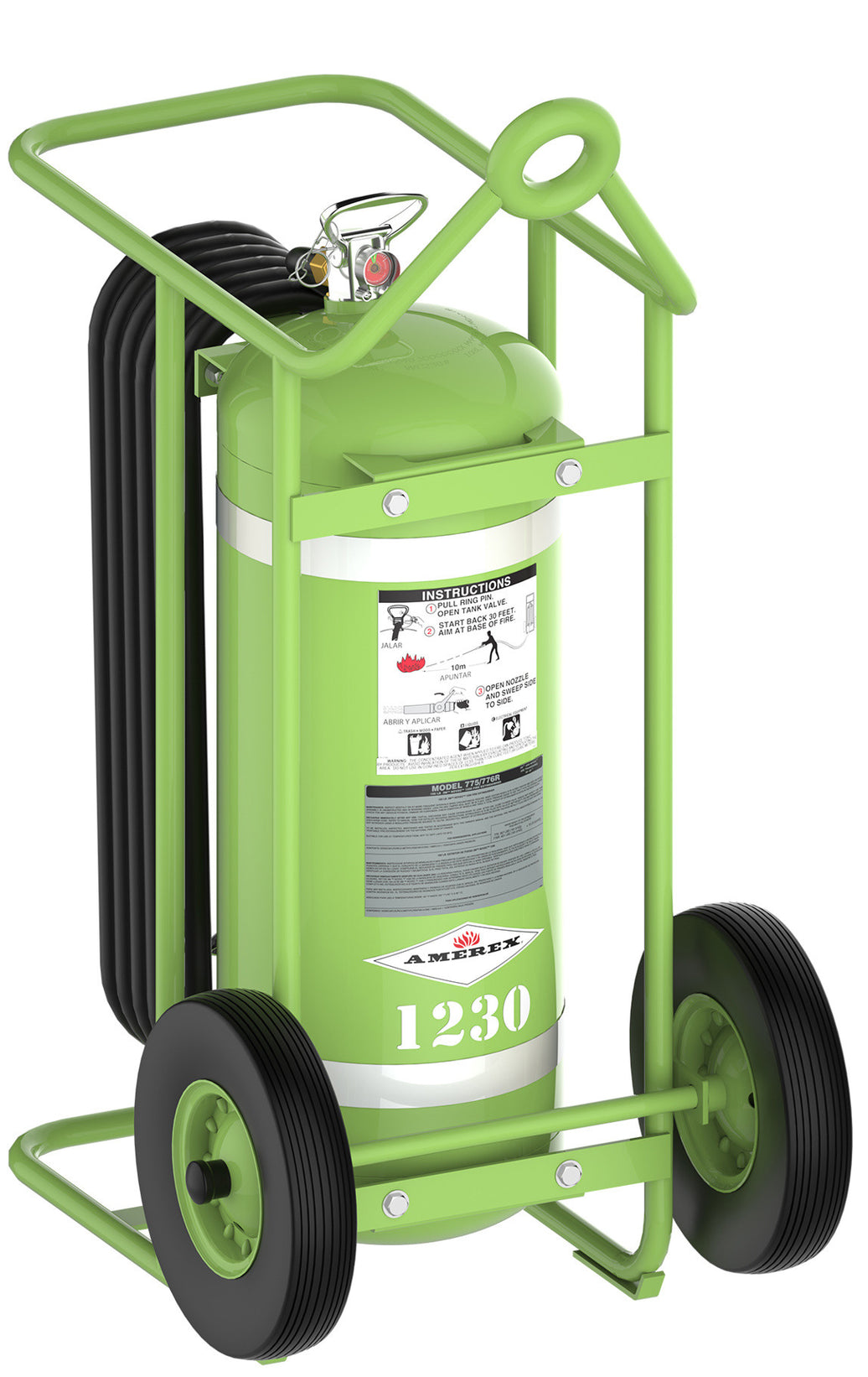 Amerex 775 150 lb wheeled SF 1230 clean agent fire extinguisher with 40 ft hose and steel carriage