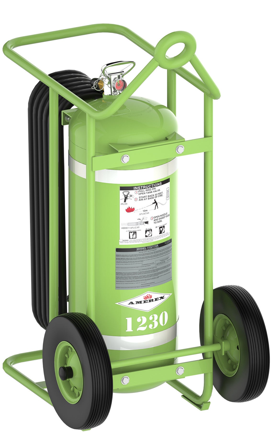 Amerex 775 150 lb wheeled SF 1230 clean agent fire extinguisher with 40 ft hose and steel carriage
